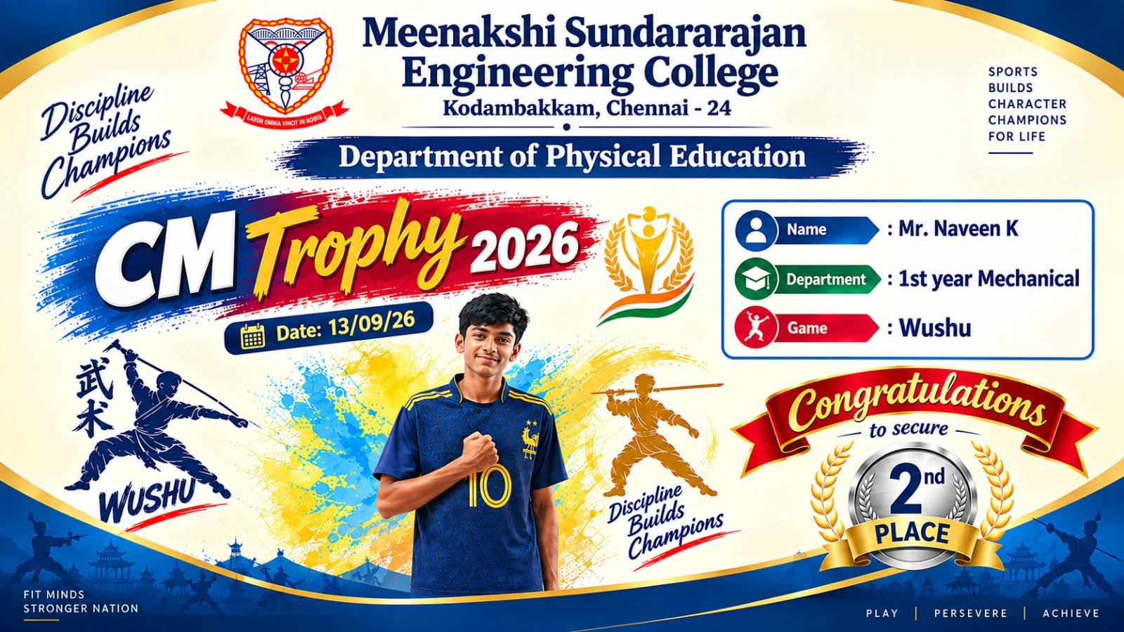 CM Trophy 2026 poster congratulating MSEC student Naveen K for second place in Wushu
